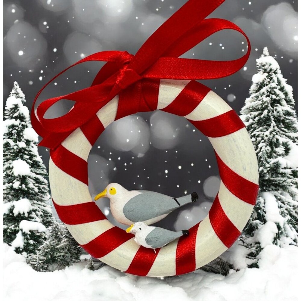 Vintage Seagull Christmas Tree Ornament Red and White Ring Beach Nautical